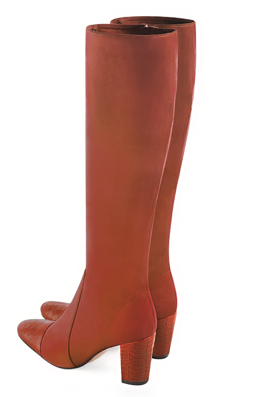 Terracotta orange women's feminine knee-high boots. Round toe. High block heels. Made to measure. Rear view - Florence KOOIJMAN